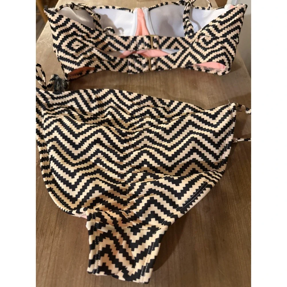 Xhilaration Chevron Bikini Set Black Cream Zig Zag Tassel Side Tie Medium